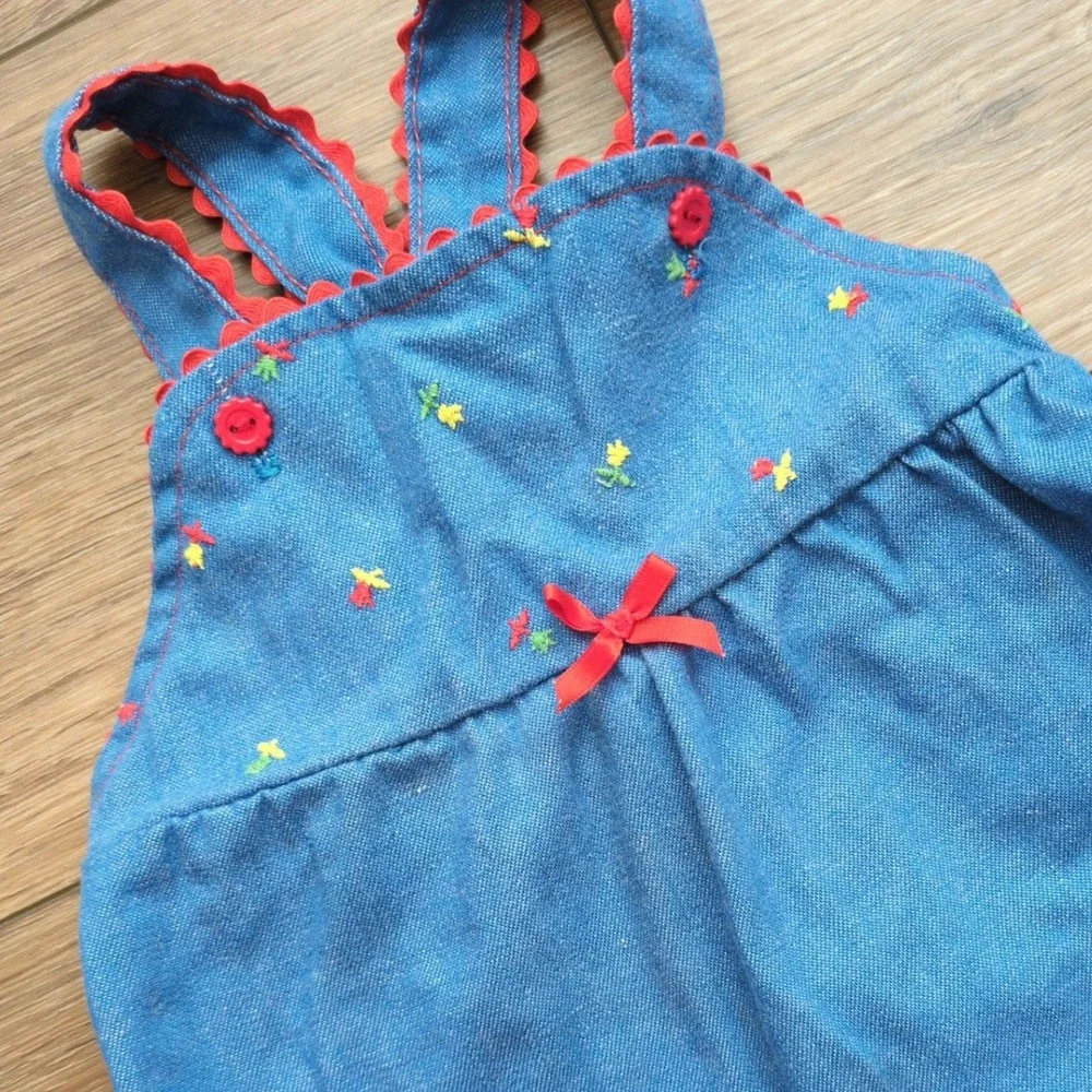 Vtg 80s Carters Denim Pinafore Overall Dress Shirt Floral Embroidery Toddler 24M